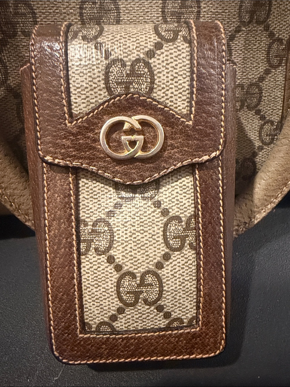Gucci Brown & Beige Monogram Leather Phone Pouch with Gold Logo